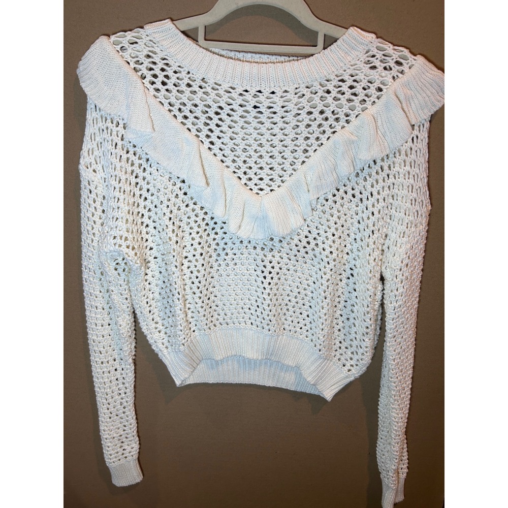 Lumiere Open Knit Ruffle Sweater Womens Small Cream Excellent‎ Cropped Boho Top